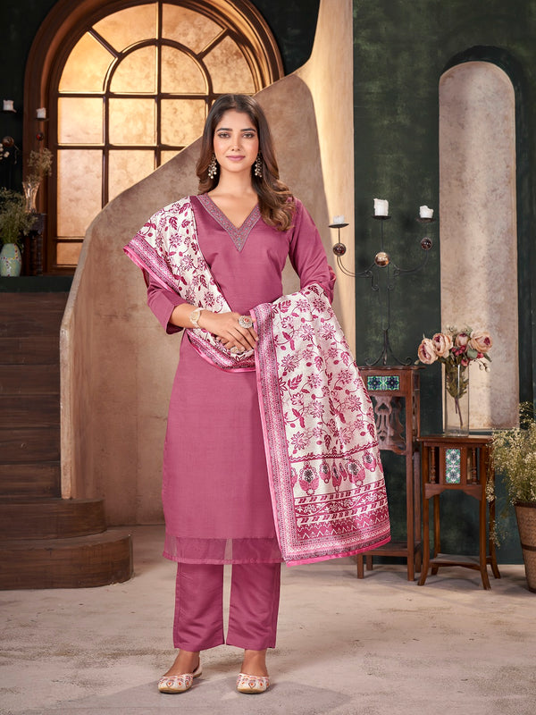 Rose Pink Solid & Embroidered Silk Blend Straight Kurta Pant Dupatta Set