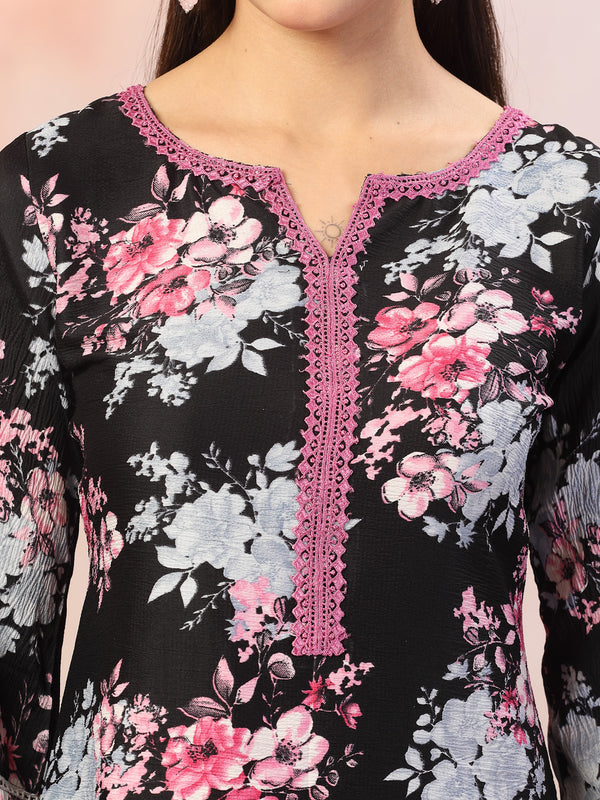 Black Printed Italian Crush Straight Kurta Pant Dupatta Set