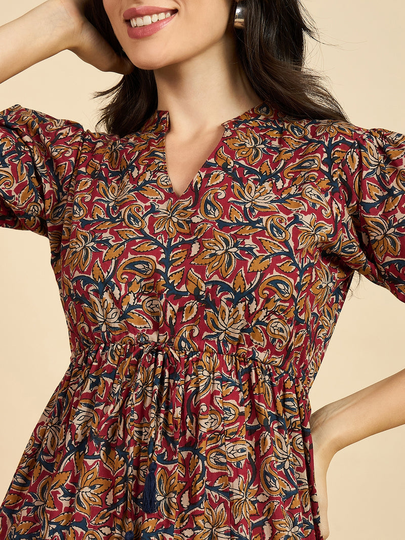 Ethnic Motif Print Mandarin Coller Short Puff Sleeves Cotton A-Line Midi Dress