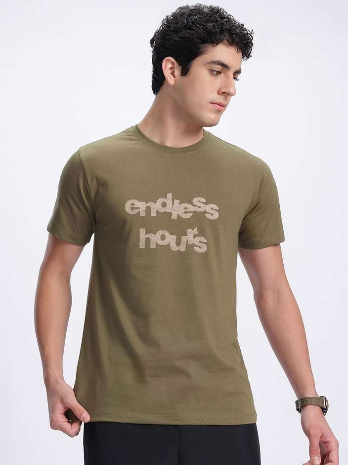 Men Printed Round Neck Cotton Blend Green T-Shirt