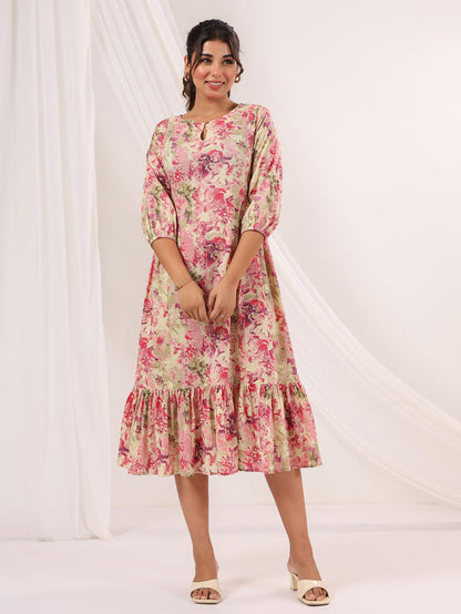 Pink Pure Cotton Floral Printed A line Dress