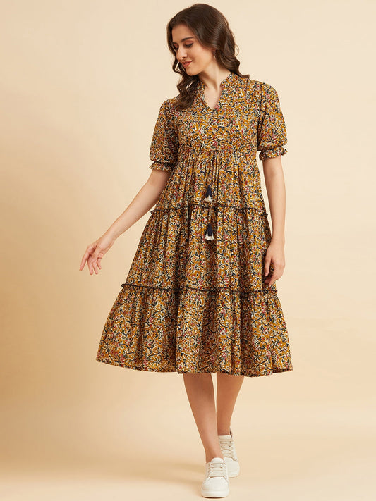 Floral Printed Cotton Fit & Flare Midi Dress