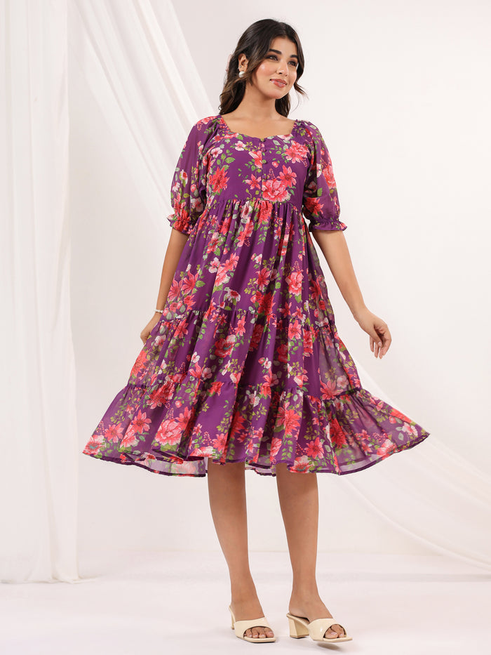 Purple Georgette Floral Printed Tiered Dress
