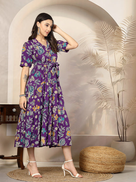 Voilet Tropical Printed Rayon Tiered Dress
