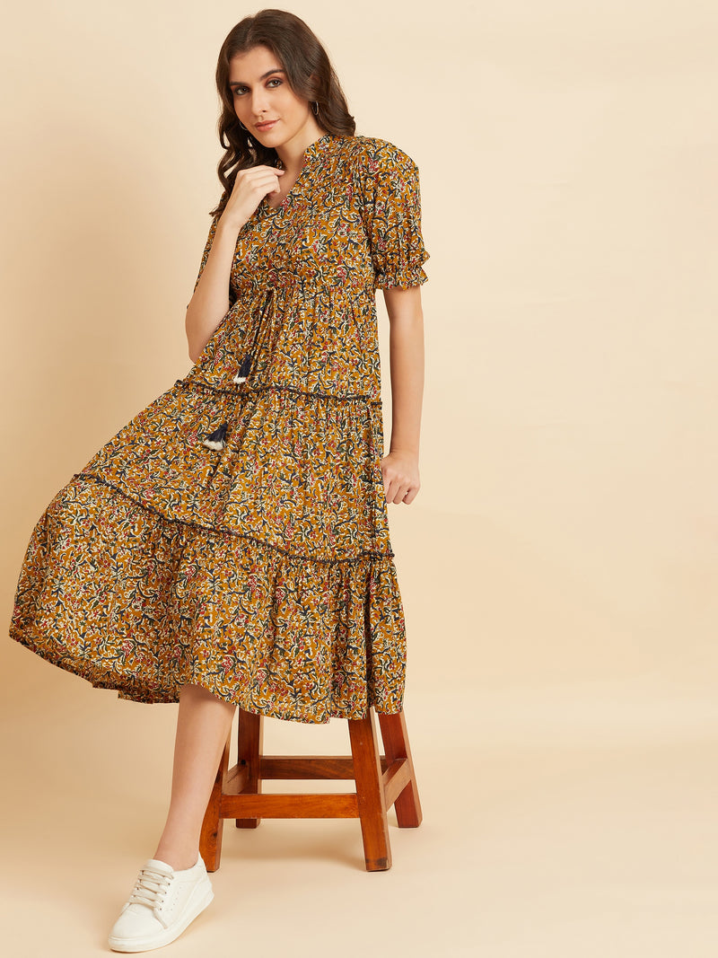 Floral Printed Cotton Fit & Flare Midi Dress