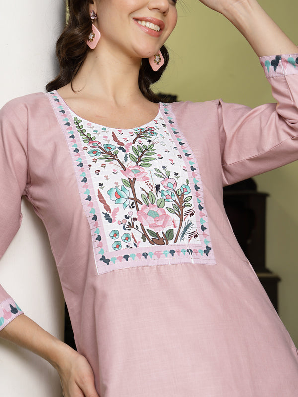 Pink Solid Cotton Straight Kurta Pant Dupatta Set