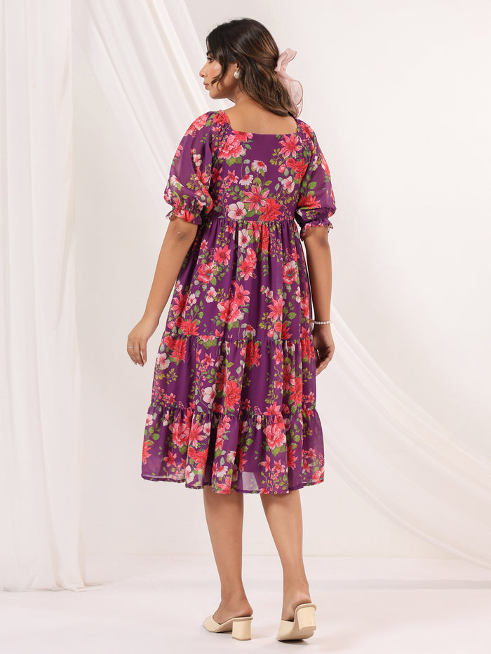 Purple Georgette Floral Printed Tiered Dress
