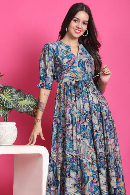 Floral Printed Premium Chanderi Dress